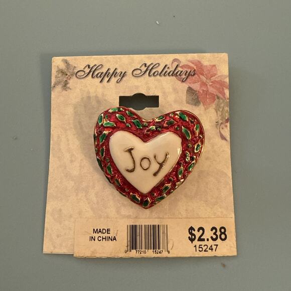 Vintage Christmas Pin Brooch Heart shaped Joy Pin 1 1/8 Inches - Picture 1 of 4
